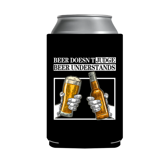 "Beer Doesn't Judge" Can Sleeve｜Emotional Support Beer Can Sleeve Holder｜Funny & Reusable｜Non-Slip｜Man Cave Decor｜Funny Gifts for Men Dad Husband｜Man Gift Set｜Collapsible Can Coolers